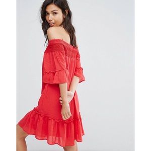 VERO MODA Sz S Off Shoulder Coral Cotton Crinkle Mini Dress